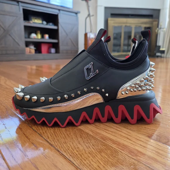 Christian Louboutin Black Sneakers with Red Soles and Silver Spikes - Picture 2 of 12